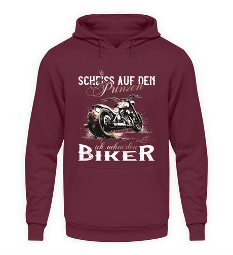 Ein Motorrad Hoodie für Frauen von Wingbikers mit dem Aufdruck, Scheiß auf den Prinzen, ich nehm' den Biker, in weinrot.