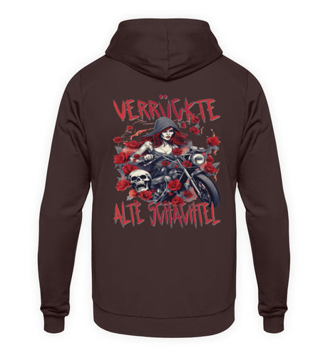 Ein Hoodie für Motorradfahrerinnen von Wingbikers mit dem Aufdruck, Verrückte alte Schachtel - mit Back Print, in braun.