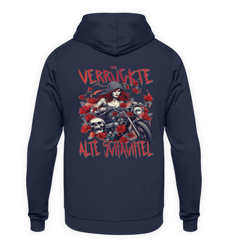 Ein Hoodie für Motorradfahrerinnen von Wingbikers mit dem Aufdruck, Verrückte alte Schachtel - mit Back Print, in navy.