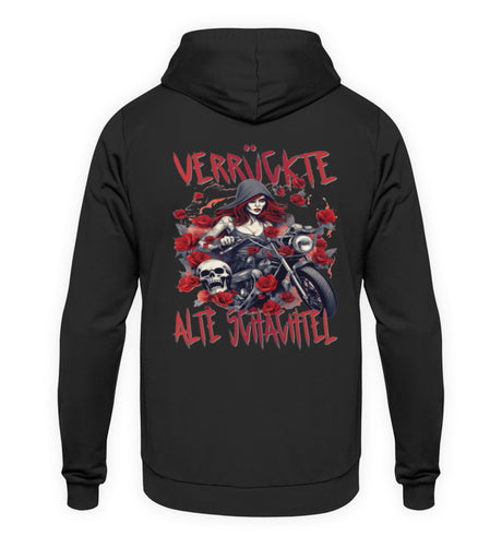 Ein Hoodie für Motorradfahrerinnen von Wingbikers mit dem Aufdruck, Verrückte alte Schachtel - mit Back Print, in schwarz.