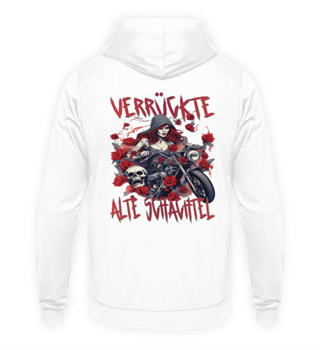 Ein Hoodie für Motorradfahrerinnen von Wingbikers mit dem Aufdruck, Verrückte alte Schachtel - mit Back Print, in weiß.