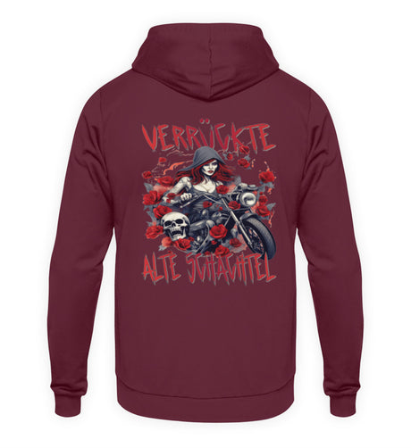 Ein Hoodie für Motorradfahrerinnen von Wingbikers mit dem Aufdruck, Verrückte alte Schachtel - mit Back Print, in burgunder.