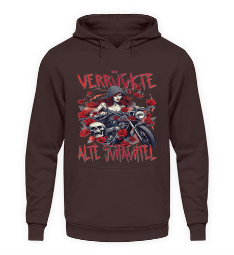 Ein Hoodie für Motorradfahrerinnen von Wingbikers mit dem Aufdruck, Verrückte alte Schachtel, in braun.