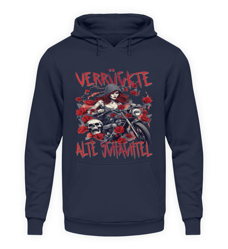 Ein Hoodie für Motorradfahrerinnen von Wingbikers mit dem Aufdruck, Verrückte alte Schachtel, in navy.