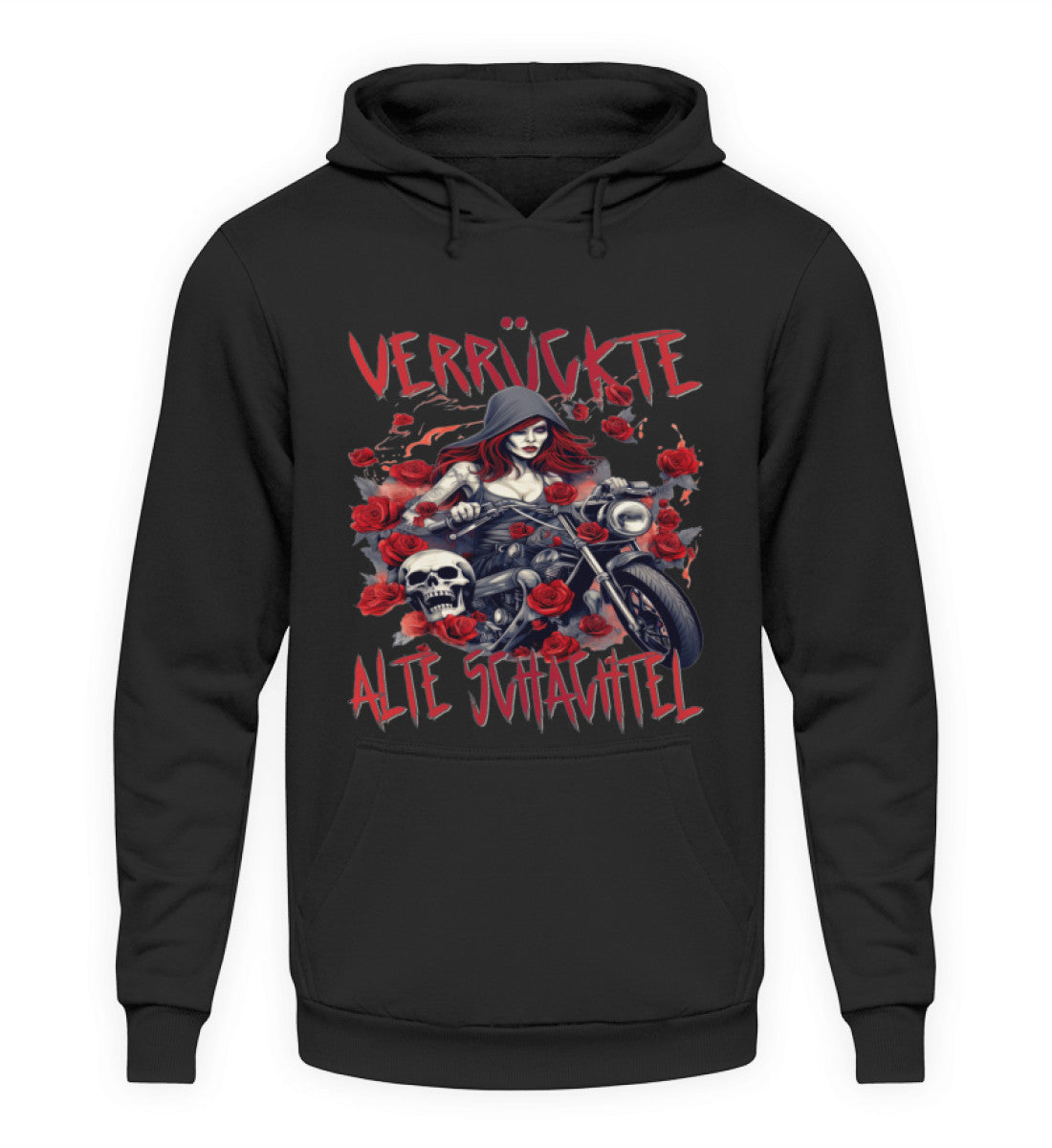 Ein Hoodie für Motorradfahrerinnen von Wingbikers mit dem Aufdruck, Verrückte alte Schachtel, in schwarz.