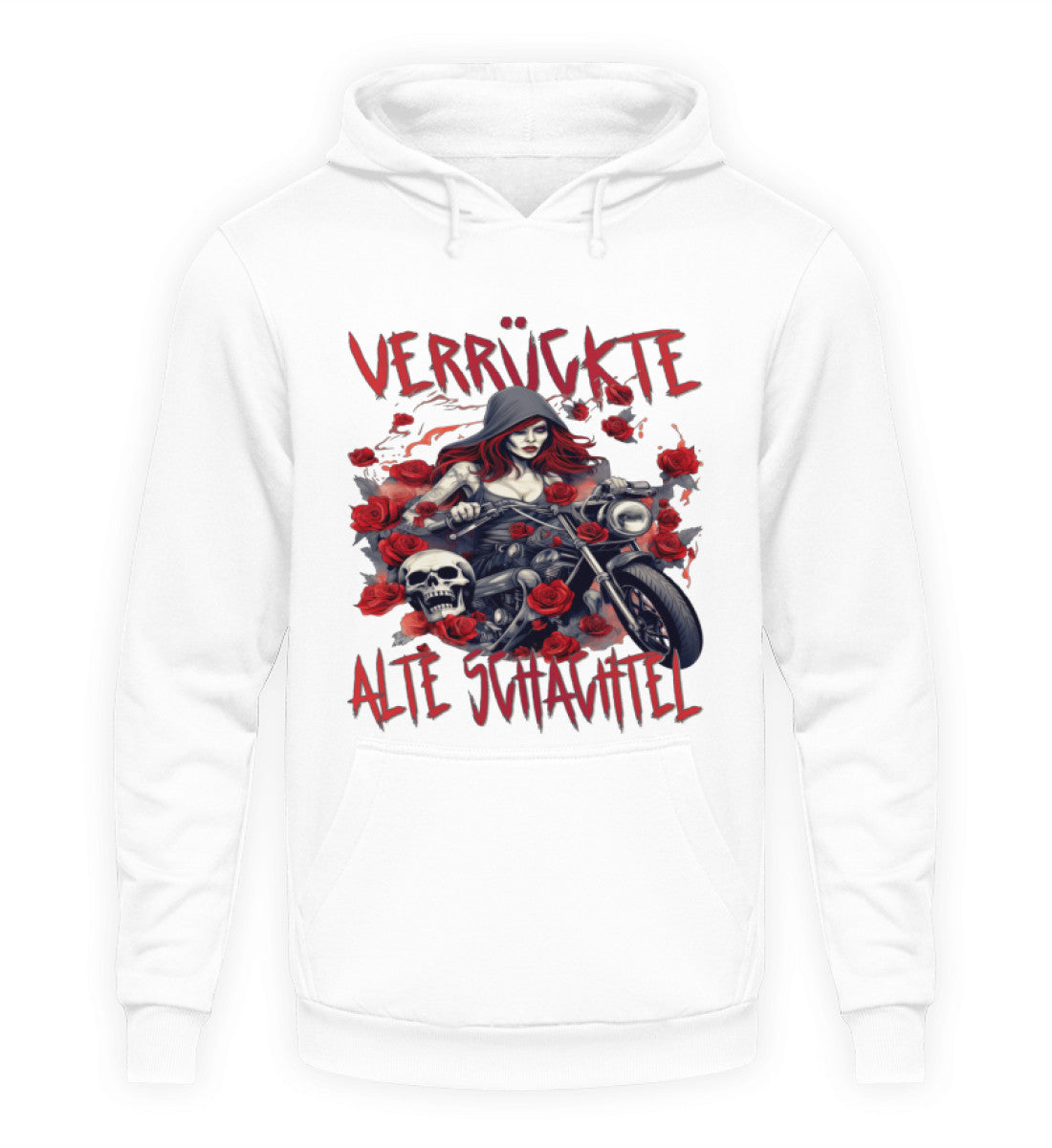 Ein Hoodie für Motorradfahrerinnen von Wingbikers mit dem Aufdruck, Verrückte alte Schachtel, in weiß.