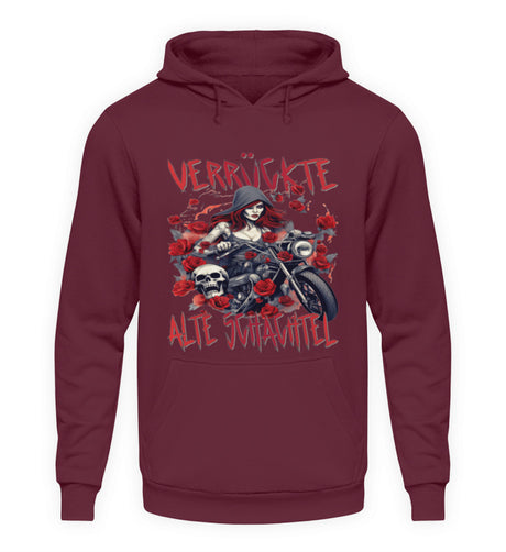 Ein Hoodie für Motorradfahrerinnen von Wingbikers mit dem Aufdruck, Verrückte alte Schachtel, in brugunder.