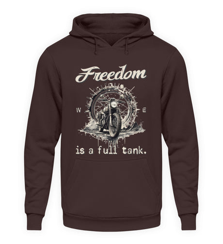 Ein Hoodie für Motorradfahrer von Wingbikers mit dem Aufdruck, Freedom Is A Full Tank - Freiheit ist ein voller Tank - mit einem Retro Vintage klassischem Motorrad, in braun.