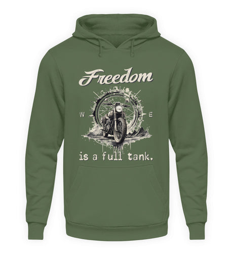 Ein Hoodie für Motorradfahrer von Wingbikers mit dem Aufdruck, Freedom Is A Full Tank - Freiheit ist ein voller Tank - mit einem Retro Vintage klassischem Motorrad, in erdgrün.