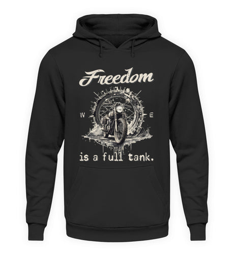 Ein Hoodie für Motorradfahrer von Wingbikers mit dem Aufdruck, Freedom Is A Full Tank - Freiheit ist ein voller Tank - mit einem Retro Vintage klassischem Motorrad, in schwarz.