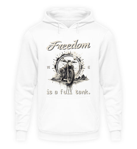 Ein Hoodie für Motorradfahrer von Wingbikers mit dem Aufdruck, Freedom Is A Full Tank - Freiheit ist ein voller Tank - mit einem Retro Vintage klassischem Motorrad, in weiß.