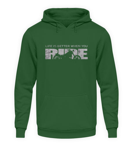 Ein Hoodie für Motorradfahrer von Wingbikers mit dem Aufdruck, Life Is Better When You Ride - mit einem Motorrad, in dunkelgrün.