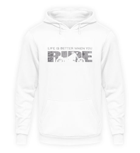 Ein Hoodie für Motorradfahrer von Wingbikers mit dem Aufdruck, Life Is Better When You Ride - mit einem Motorrad, in weiß.