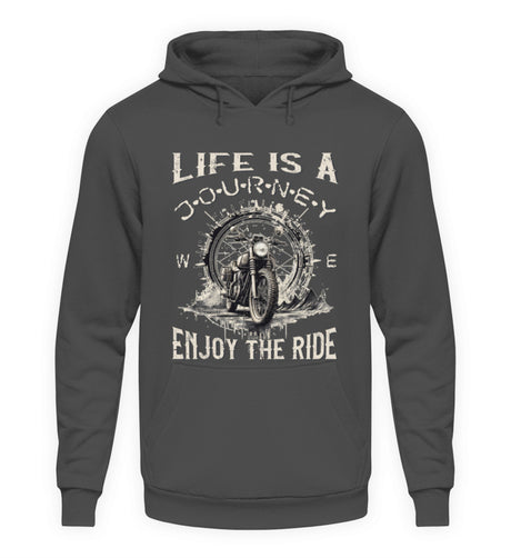 Ein Hoodie für Motorradfahrer von Wingbikers mit dem Aufdruck, Life Is A Journey - Enjoy The Ride, in dunkelgrau.
