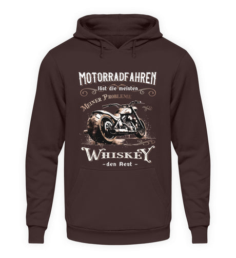 Ein Biker Hoodie für Motorradfahrer von Wingbikers mit dem Aufdruck, Motorradfahren löst die meisten meiner Probleme - Whiskey den Rest - in braun.