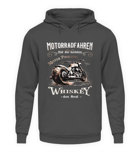 Ein Biker Hoodie für Motorradfahrer von Wingbikers mit dem Aufdruck, Motorradfahren löst die meisten meiner Probleme - Whiskey den Rest - in stahlgrau.