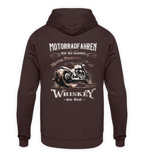 Ein Biker Hoodie für Motorradfahrer von Wingbikers mit dem Aufdruck, Motorradfahren löst die meisten meiner Probleme - Whiskey den Rest - mit Back Print, in braun.