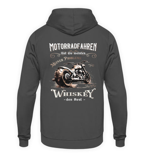 Ein Biker Hoodie für Motorradfahrer von Wingbikers mit dem Aufdruck, Motorradfahren löst die meisten meiner Probleme - Whiskey den Rest - mit Back Print, in stahlgrau.