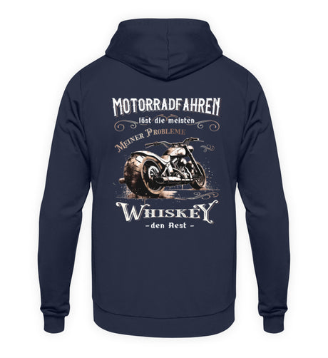 Ein Biker Hoodie für Motorradfahrer von Wingbikers mit dem Aufdruck, Motorradfahren löst die meisten meiner Probleme - Whiskey den Rest - mit Back Print, in navy.