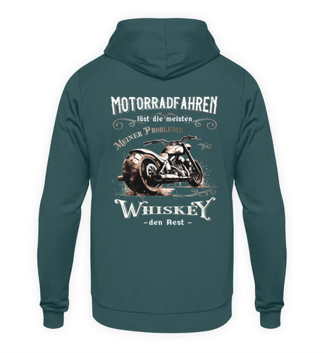 Ein Biker Hoodie für Motorradfahrer von Wingbikers mit dem Aufdruck, Motorradfahren löst die meisten meiner Probleme - Whiskey den Rest - mit Back Print, in petrol.