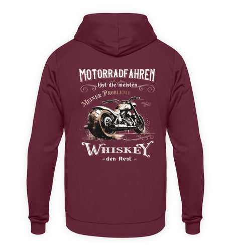 Ein Biker Hoodie für Motorradfahrer von Wingbikers mit dem Aufdruck, Motorradfahren löst die meisten meiner Probleme - Whiskey den Rest - mit Back Print, in burgunder.