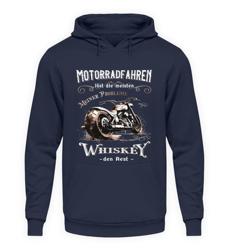 Ein Biker Hoodie für Motorradfahrer von Wingbikers mit dem Aufdruck, Motorradfahren löst die meisten meiner Probleme - Whiskey den Rest - in navy.