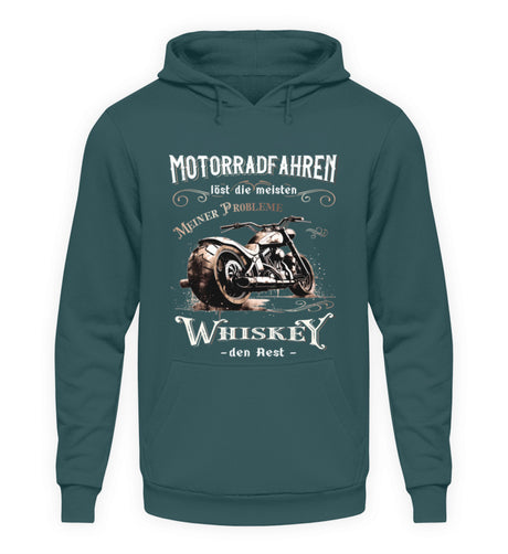 Ein Biker Hoodie für Motorradfahrer von Wingbikers mit dem Aufdruck, Motorradfahren löst die meisten meiner Probleme - Whiskey den Rest - in petrol.