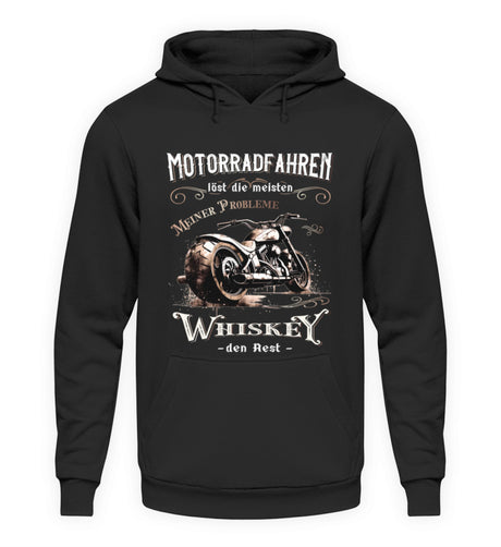 Ein Biker Hoodie für Motorradfahrer von Wingbikers mit dem Aufdruck, Motorradfahren löst die meisten meiner Probleme - Whiskey den Rest - in schwarz.