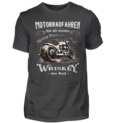 Ein Biker T-Shirt für Motorradfahrer von Wingbikers mit dem Aufdruck, Motorradfahren löst die meisten meiner Probleme - Whiskey den Rest - in dunkelgrau.