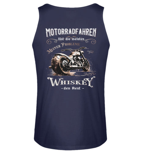 Ein Biker Tanktop für Motorradfahrer von Wingbikers mit dem Aufdruck, Motorradfahren löst die meisten meiner Probleme - Whiskey den Rest - mit Back Print, in navy.