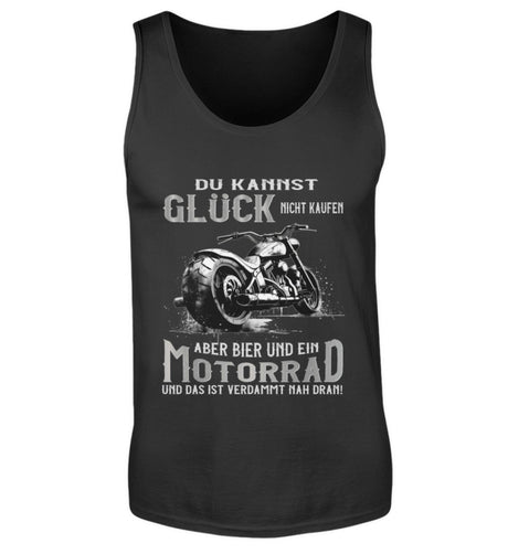 Ein Biker Tanktop für Motorradfahrer von Wingbikers mit dem Aufdruck, Du kannst Glück nicht kaufen, aber Bier und ein Motorrad und das ist verdammt nah dran! - in schwarz.