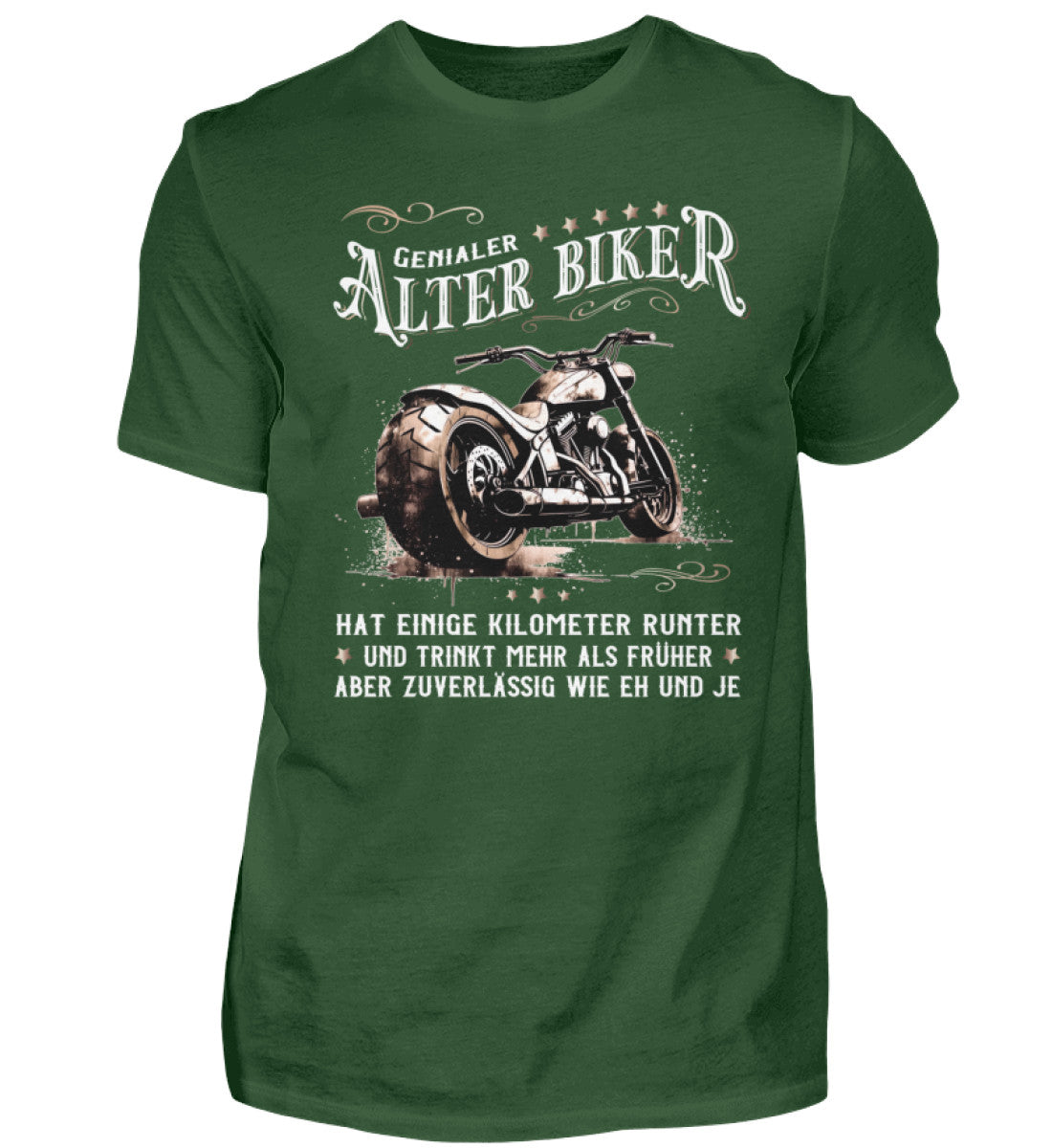 Ein Biker T-Shirt für Motorradfahrer von Wingbikers mit dem Aufdruck, Alter Biker - Einige Kilometer runter, trinkt mehr - aber zuverlässig wie eh und je - in dunkelgrün.