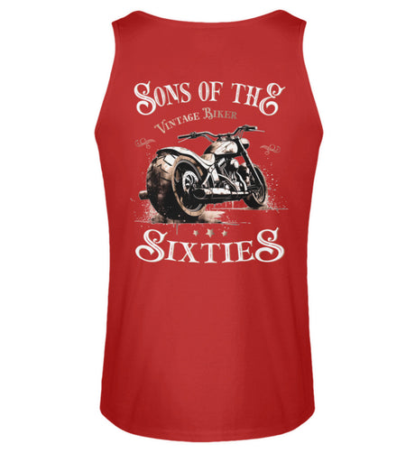 Ein Biker Tanktop für Motorradfahrer von Wingbikers mit dem Aufdruck, Sons of the Sixties - Vintage Biker - als Back Print, in rot.