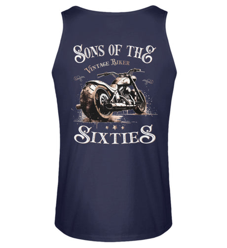 Ein Biker Tanktop für Motorradfahrer von Wingbikers mit dem Aufdruck, Sons of the Sixties - Vintage Biker - als Back Print, in navy blau.