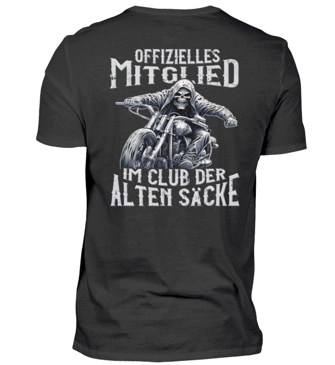 Ein Biker T-Shirt mit Back Print für Motorradfahrer von Wingbikers mit dem Aufdruck, Offizielles Mitglied im Club der alten Säcke, in schwarz. 
