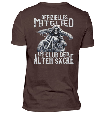 Ein Biker T-Shirt mit Back Print für Motorradfahrer von Wingbikers mit dem Aufdruck, Offizielles Mitglied im Club der alten Säcke, in braun. 