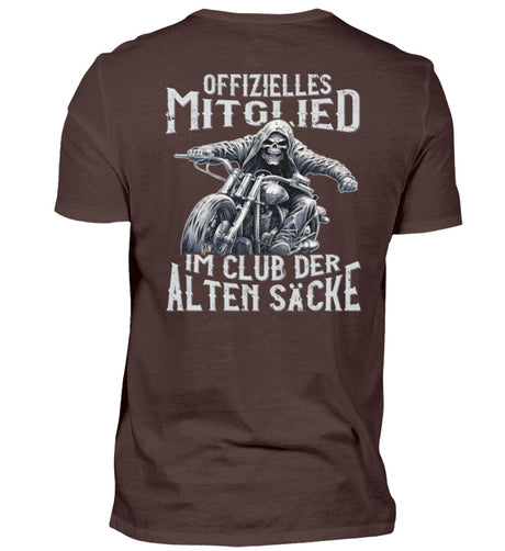 Ein Biker T-Shirt mit Back Print für Motorradfahrer von Wingbikers mit dem Aufdruck, Offizielles Mitglied im Club der alten Säcke, in braun. 