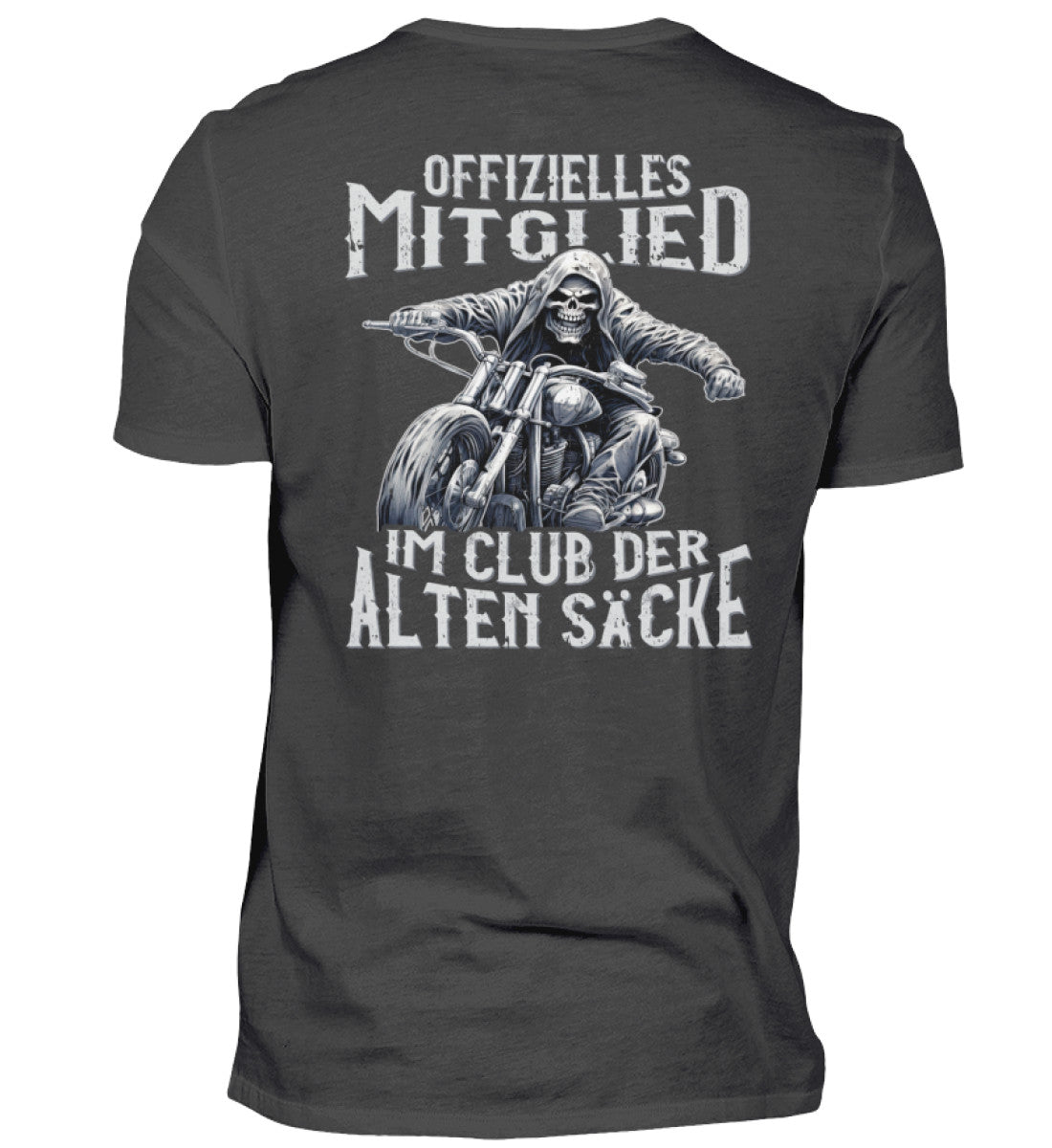 Ein Biker T-Shirt mit Back Print für Motorradfahrer von Wingbikers mit dem Aufdruck, Offizielles Mitglied im Club der alten Säcke, in dunkelgrau. 