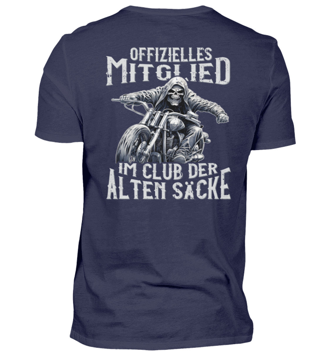 Ein Biker T-Shirt mit Back Print für Motorradfahrer von Wingbikers mit dem Aufdruck, Offizielles Mitglied im Club der alten Säcke, in navy blau. 