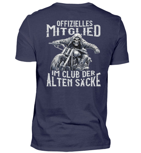 Ein Biker T-Shirt mit Back Print für Motorradfahrer von Wingbikers mit dem Aufdruck, Offizielles Mitglied im Club der alten Säcke, in navy blau. 