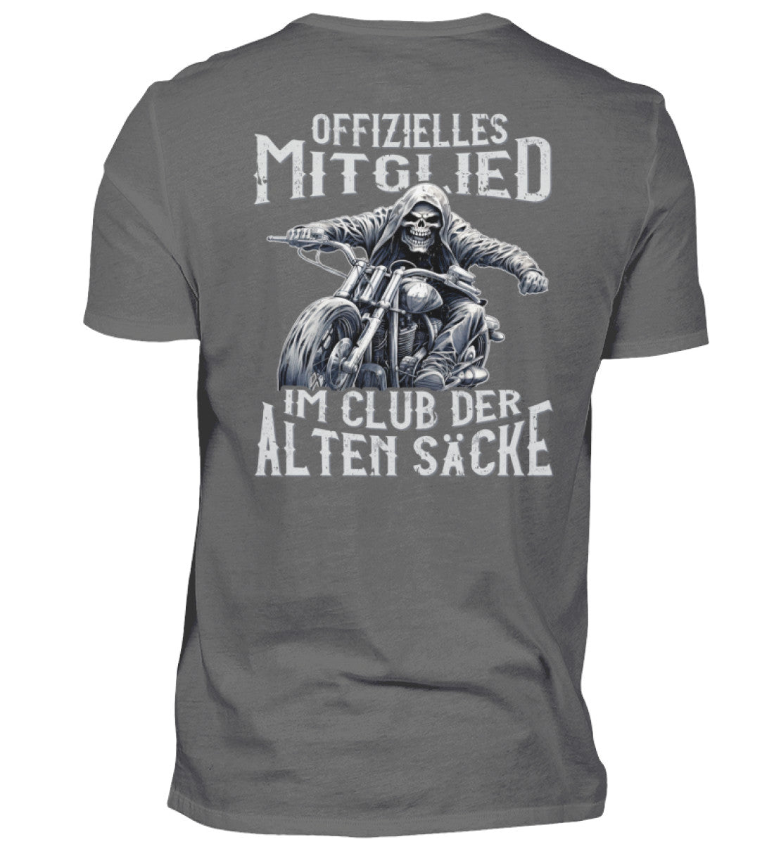 Ein Biker T-Shirt mit Back Print für Motorradfahrer von Wingbikers mit dem Aufdruck, Offizielles Mitglied im Club der alten Säcke, in grau. 