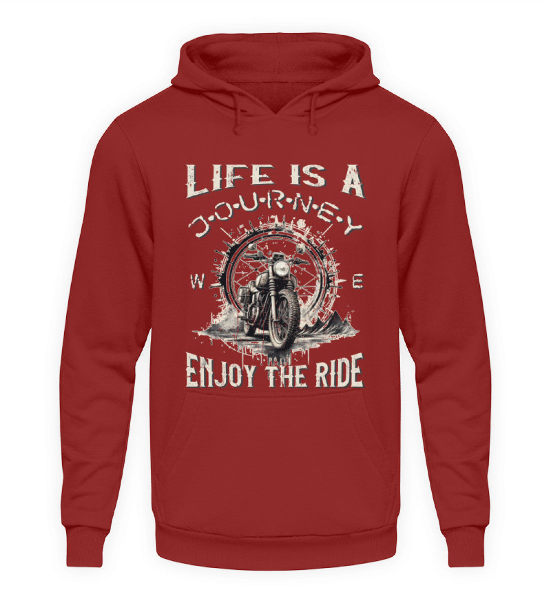Ein Hoodie für Motorradfahrer von Wingbikers mit dem Aufdruck, Life Is A Journey - Enjoy The Ride, in backsteinrot.