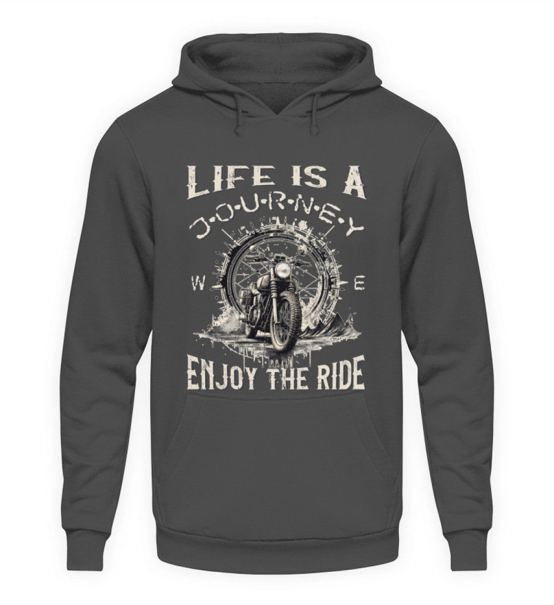 Ein Hoodie für Motorradfahrer von Wingbikers mit dem Aufdruck, Life Is A Journey - Enjoy The Ride, in dunkelgrau.