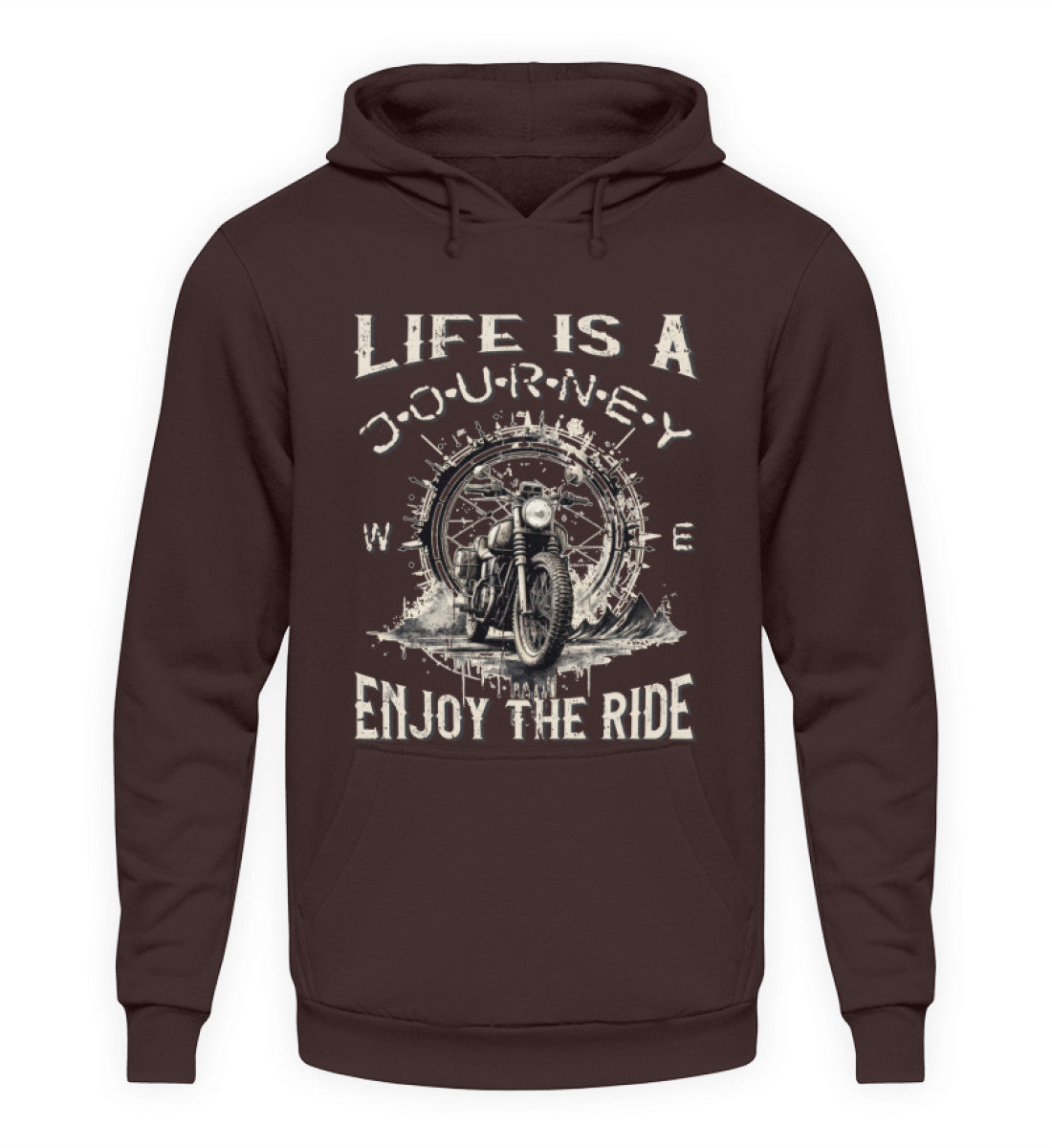 Ein Hoodie für Motorradfahrer von Wingbikers mit dem Aufdruck, Life Is A Journey - Enjoy The Ride, in braun.