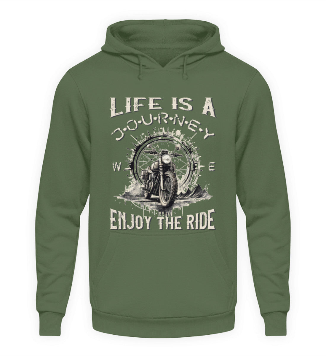 Ein Hoodie für Motorradfahrer von Wingbikers mit dem Aufdruck, Life Is A Journey - Enjoy The Ride, in erdgrün.