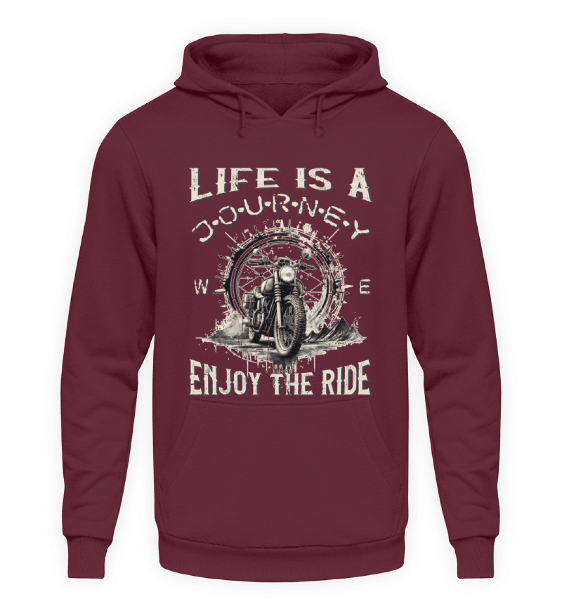 Ein Hoodie für Motorradfahrer von Wingbikers mit dem Aufdruck, Life Is A Journey - Enjoy The Ride, in burgunder weinrot.