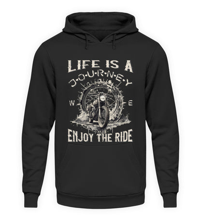 Ein Hoodie für Motorradfahrer von Wingbikers mit dem Aufdruck, Life Is A Journey - Enjoy The Ride, in schwarz.