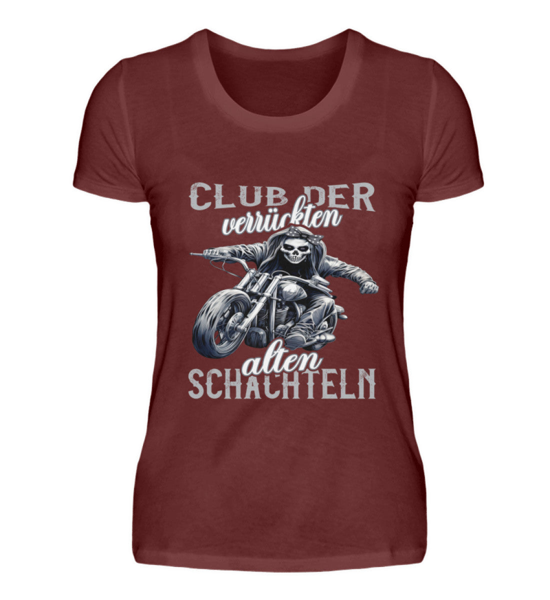 Ein Bikerin T-Shirt für Motorradfahrerinnen von Wingbikers mit dem Aufdruck, Club der verrückten alten Schachteln - in weinrot.