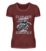 Ein Bikerin T-Shirt für Motorradfahrerinnen von Wingbikers mit dem Aufdruck, Club der verrückten alten Schachteln - in weinrot.