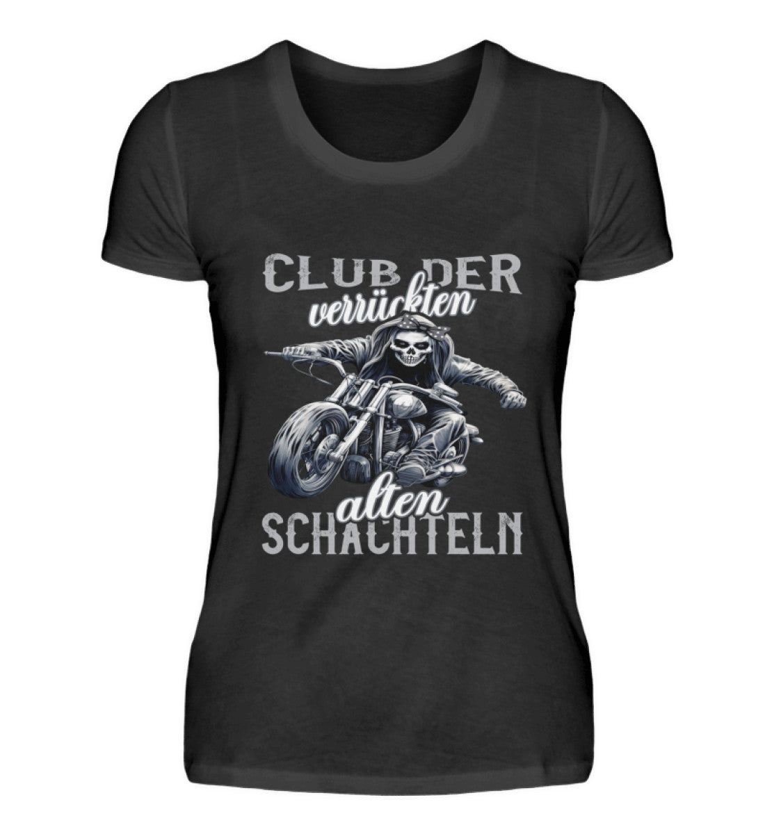 Ein Bikerin T-Shirt für Motorradfahrerinnen von Wingbikers mit dem Aufdruck, Club der verrückten alten Schachteln - in schwarz.